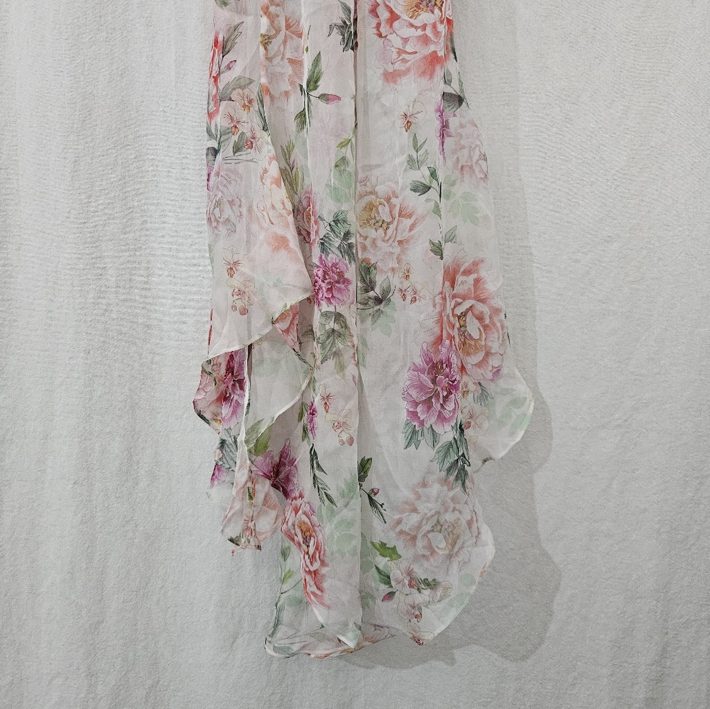Sau Lee Frieda Silk Cowl Neck High Low Ruched Dress in White Pink Floral Size 4 - Picture 7 of 11